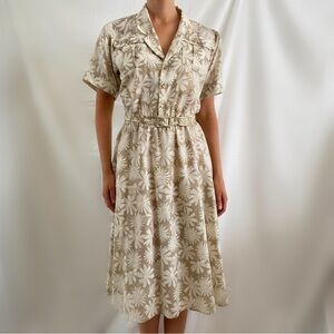 Vintage 70s Stuart Alan tan beige floral collared belt dress button up midi